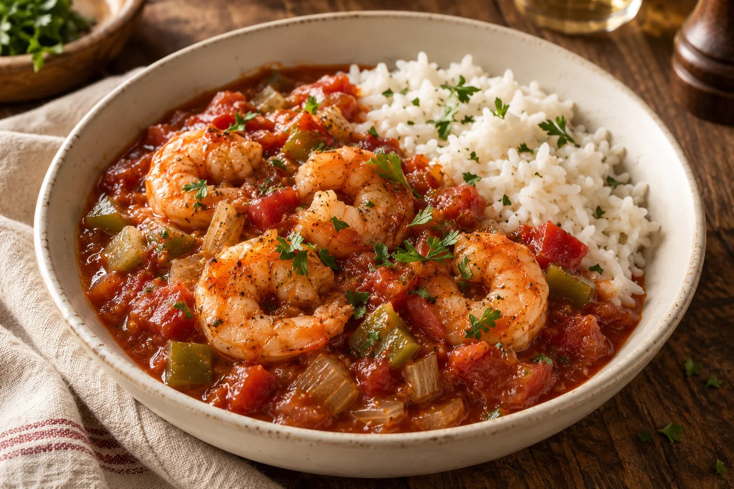 Shrimp Creole served as a Louisiana-inspired dinner