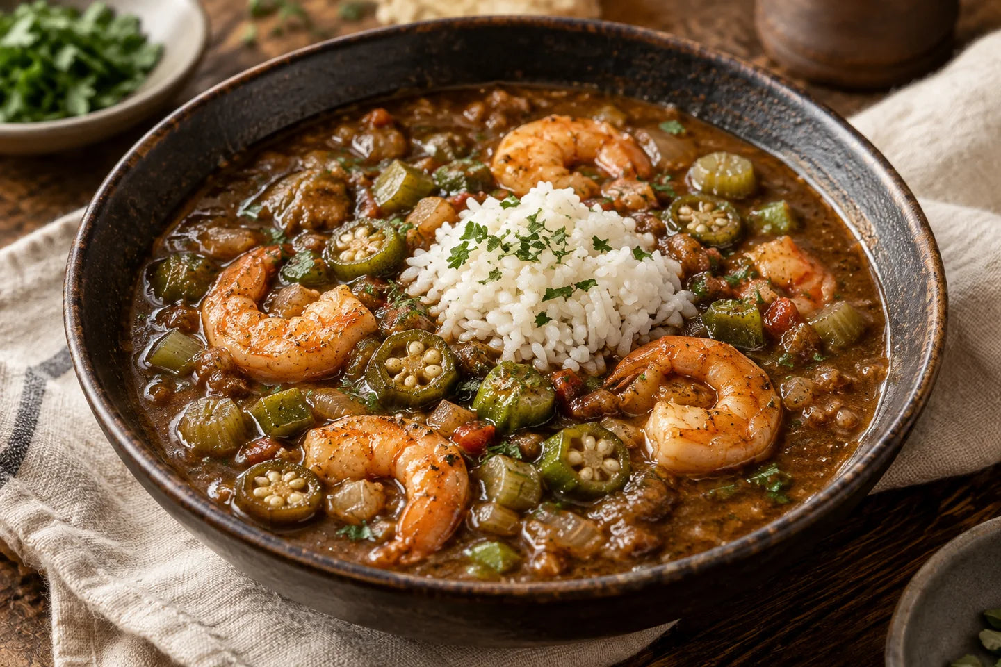 Shrimp & Okra Gumbo served as a Louisiana-inspired dinner
